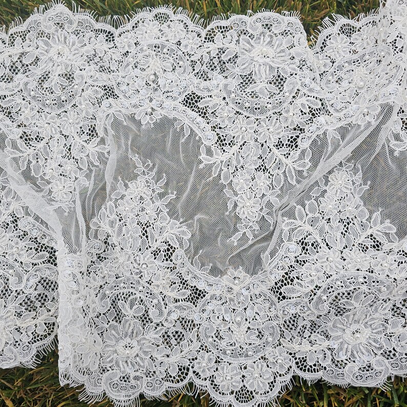 Ivory embroidered Chantilly lace with beads Ivory bridal lace wedding lace fabric Ivory corded lace Chantilly lace cord lace image 13