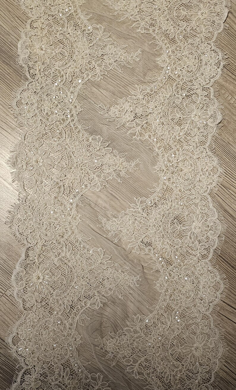 Ivory embroidered Chantilly lace with beads Ivory bridal lace wedding lace fabric Ivory corded lace Chantilly lace cord lace image 20