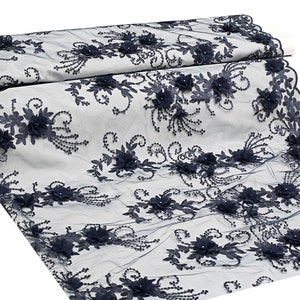 1 yard/Luxury 3D Navy blue lace fabric hand made lace Navy blue pearl bead 3D flowers 3D Bridal lace Pearl Embroidered lace Navy Lace fabric
