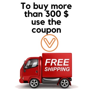 May include: Red delivery truck with the words "FREE SHIPPING" on the side. A checkmark icon with the text "To buy more than 300$ use the coupon" is above the truck.