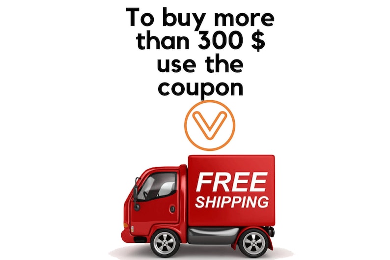 May include: Red delivery truck with the words "FREE SHIPPING" on the side. A checkmark icon with the text "To buy more than 300$ use the coupon" is above the truck.