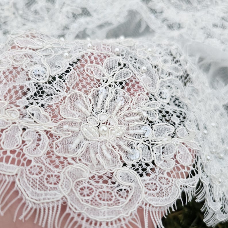 Ivory embroidered Chantilly lace with beads Ivory bridal lace wedding lace fabric Ivory corded lace Chantilly lace cord lace image 11