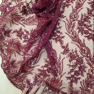 Burgundy 3d Lace Fabric With Beads Embroidered Lace Fabric for - Etsy