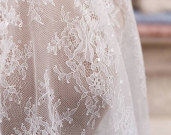 Ivory chantilly lace Ivory french lace with paillett Lace fabric ivory Fabric lace for wedding lace Embroidery french lace Bridal lace ivory