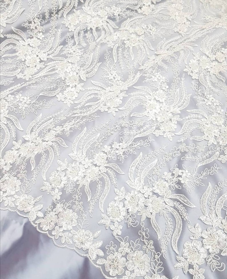 Ivory 3d Wedding lace fabric Ivory bridal lace fabric Embroidery pearls and beads for tailoring wedding Gowns Luxury Floral fabric By 1 yard