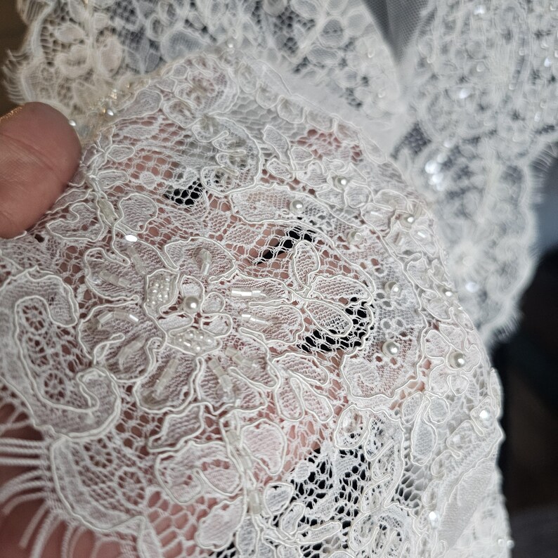 Ivory embroidered Chantilly lace with beads Ivory bridal lace wedding lace fabric Ivory corded lace Chantilly lace cord lace image 16