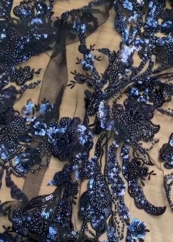 Navy beaded clearance lace fabric