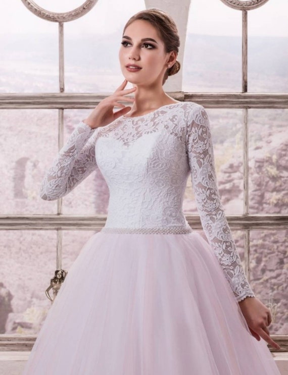 White Lace Wedding Dress with long sleeves and pink tulle layers skirt White Wedding Corset Lace Corset neckline Simple White bridal Dress White Lace Wedding Dress with long sleeves and pink tulle layers skirt White Wedding Corset Lace Corset neckline Simple White bridal Dress