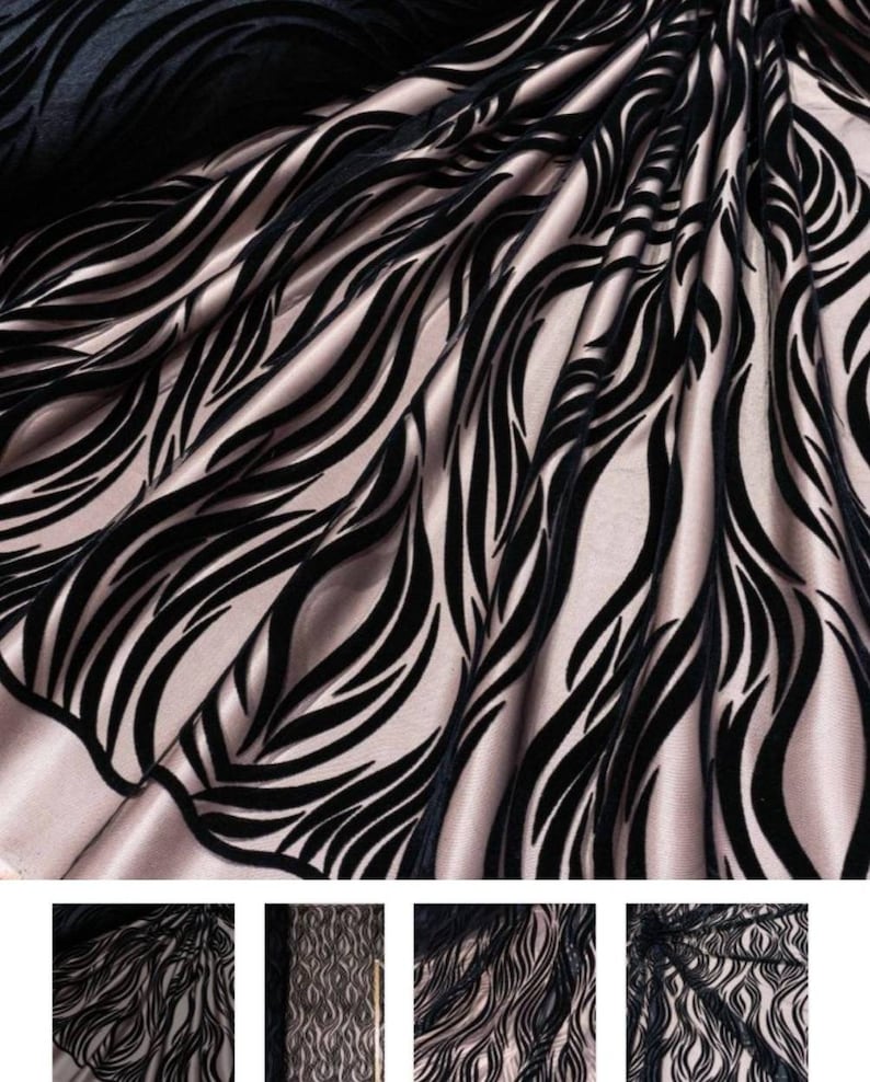 May include: Black velvet fabric with a wavy pattern on a light pink background. The fabric is sheer and has a delicate texture.