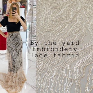 By the yard embroidery lace Bridal tulle fabric flesh color for wedding dress Beaded lace fabric with sequins Fabric lace Embroidered tulle