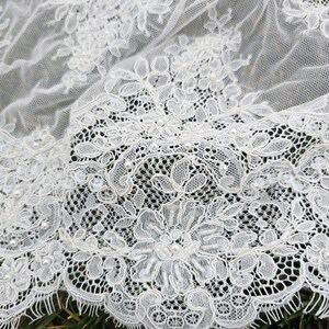 Ivory embroidered Chantilly lace with beads Ivory bridal lace wedding lace fabric Ivory corded lace Chantilly lace cord lace image 9