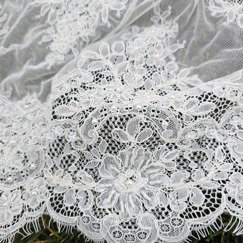 Ivory embroidered Chantilly lace with beads Ivory bridal lace wedding lace fabric Ivory corded lace Chantilly lace cord lace image 9