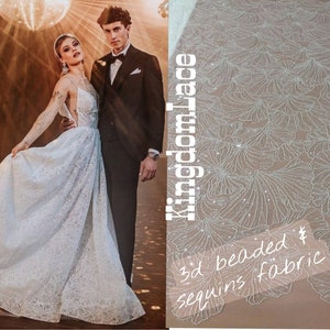 Floral ivory 3d bridal fabric lace embroidered beads and sequins, width 51, by the yard lace fabric