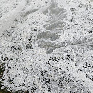 Ivory embroidered Chantilly lace with beads Ivory bridal lace wedding lace fabric Ivory corded lace Chantilly lace cord lace image 12