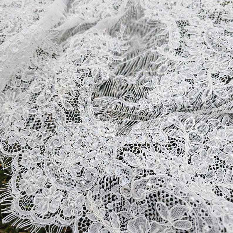 Ivory embroidered Chantilly lace with beads Ivory bridal lace wedding lace fabric Ivory corded lace Chantilly lace cord lace image 12