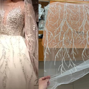 Galhos de renda em tecido 3D bordados com miçangas e lantejoulas, cor marfim Por 1 jarda de largura 51"