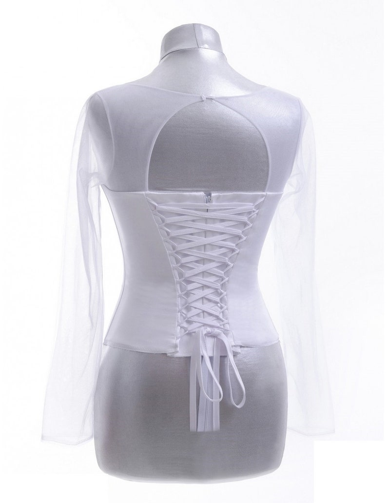 White Wedding Corset With Long Sleeves of Transparent Mesh for Etsy