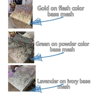 May include: Three samples of fabric with sequins. The first sample is gold sequins on a flesh-colored base mesh. The second sample is green sequins on a powder-colored base mesh. The third sample is lavender sequins on an ivory base mesh.