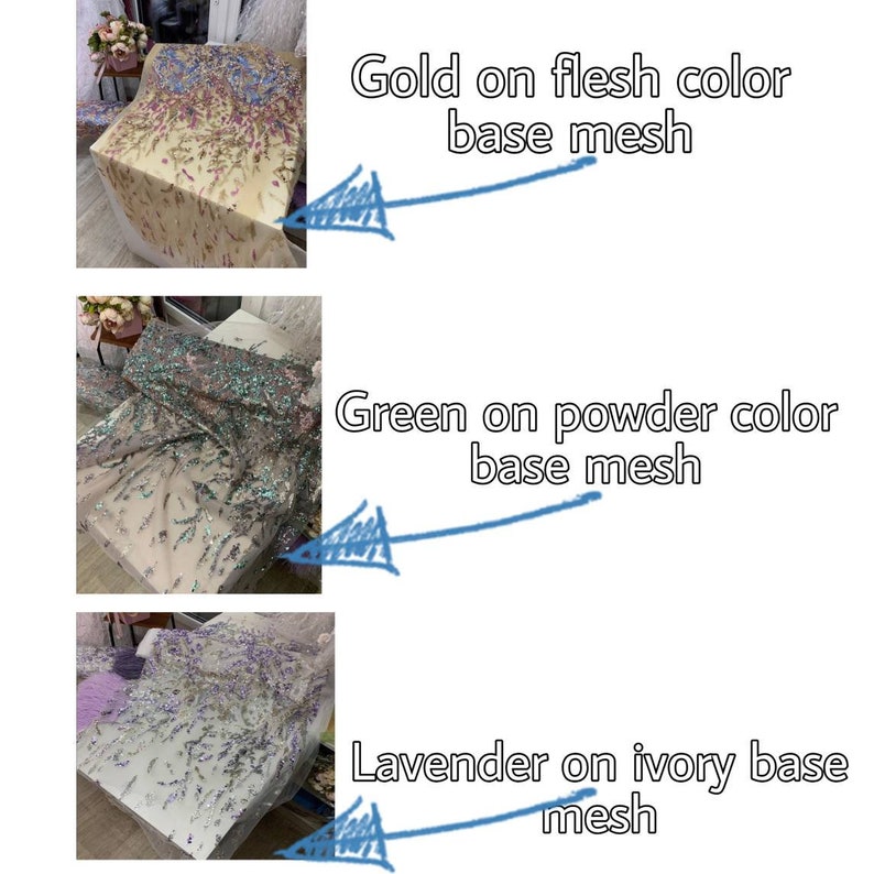 May include: Three samples of fabric with sequins. The first sample is gold sequins on a flesh-colored base mesh. The second sample is green sequins on a powder-colored base mesh. The third sample is lavender sequins on an ivory base mesh.