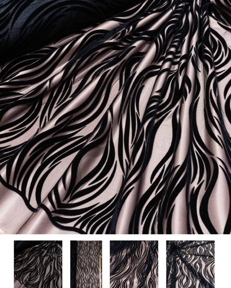 May include: Black velvet fabric with a wavy pattern on a light pink background. The fabric is sheer and has a delicate texture.
