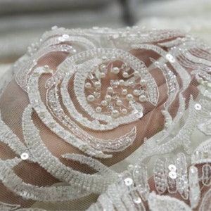 Ivory embroidered fabric by the yard Ivory wedding fabric lace embroidery sequins, beaded Luxury 3d fabric lace Beaded lace Bridal lace ivor
