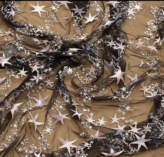 Black embroidered "Stars" lace fabric Wedding lace fabric Black embroidery fabric lace Stars lace fabric for wedding dress Stars tulle fabri