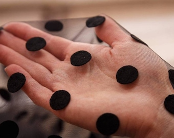 On Sales Black Tulle fabric with a velvet-coated Floked dot lace fabric Large Flocking Dots Soft  Fabric Navy blue lace fabric By the 1yard