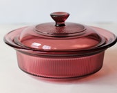 Vintage 80s Purple Cranberry Glass Casserole Baking Dish by Visions by Corning