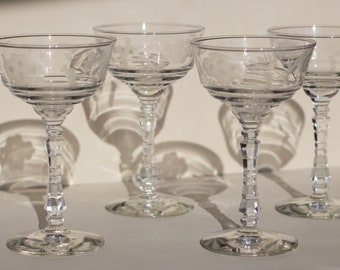 Vintage Etched Floral Champagne Coupe Glasses with Facet Cut Stems / Set of 4