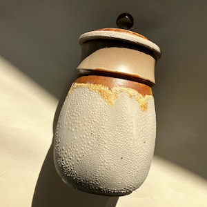 Könnte beinhalten: Ein Keramiktopf mit Deckel. Der Topf hat eine hellbeige Farbe mit einer strukturierten, gepunkteten Oberfläche. Der Deckel und die Oberseite des Topfes sind braun. Der Topf hat einen kleinen, dunkelbraunen Knopf auf dem Deckel. Der Topf wird wahrscheinlich zur Aufbewahrung verwendet.