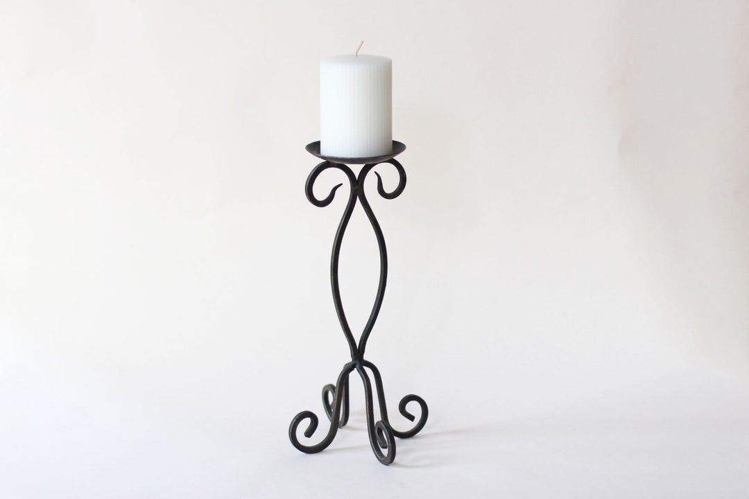 Vintage Black Iron Pillar Candle Holder With Scroll Design Etsy