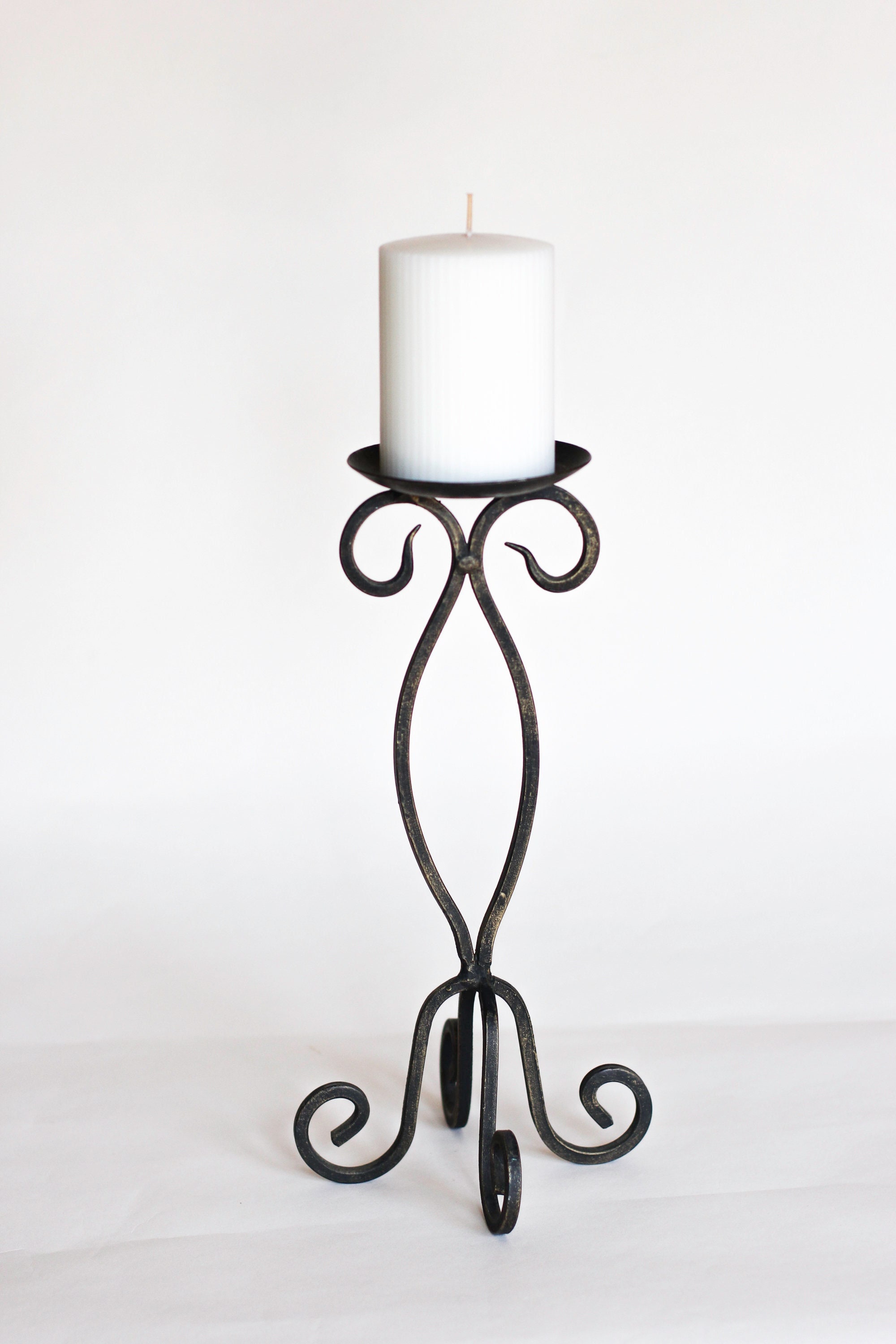 Vintage Black Iron Pillar Candle Holder With Scroll Design Etsy