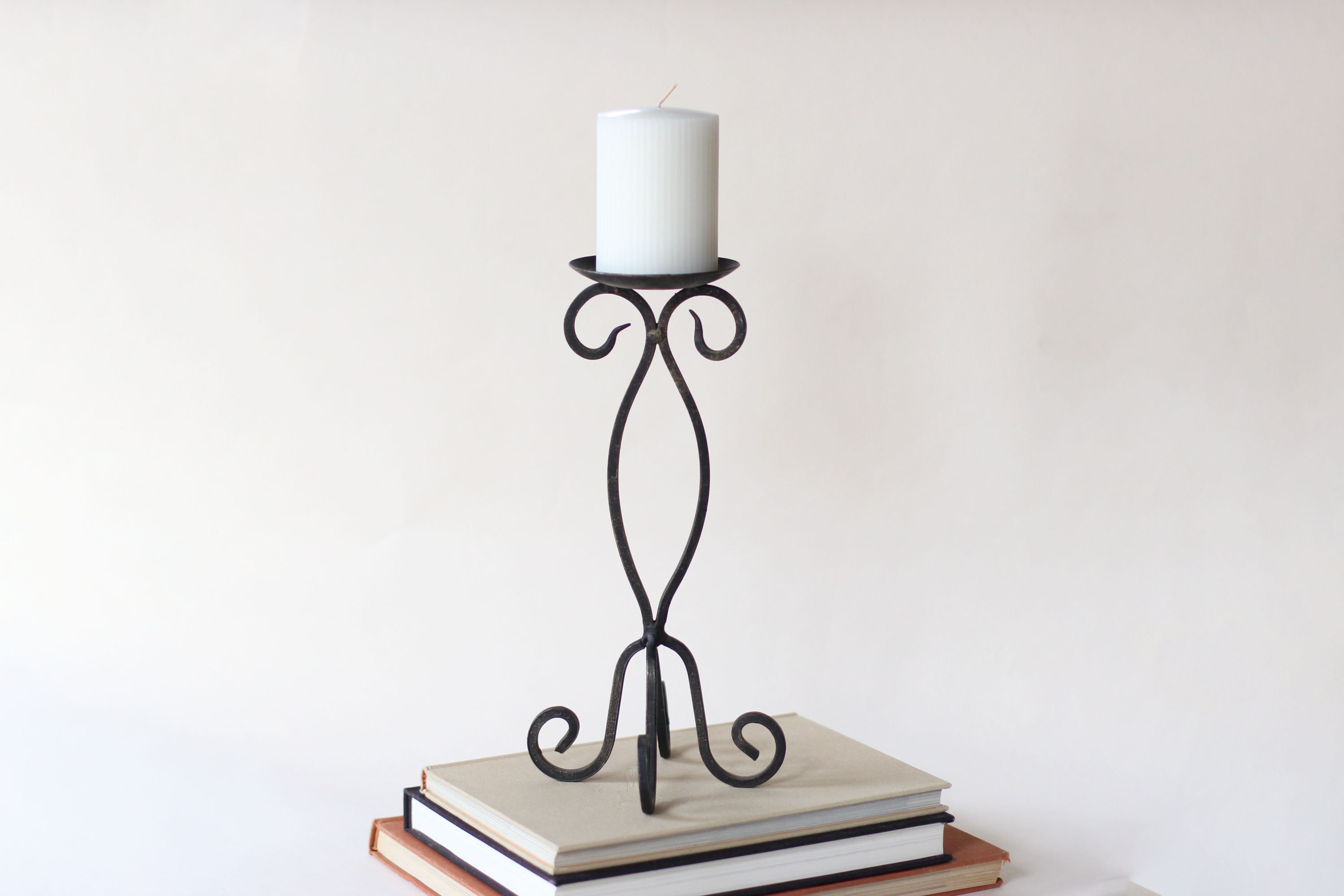 Vintage Black Iron Pillar Candle Holder With Scroll Design Etsy
