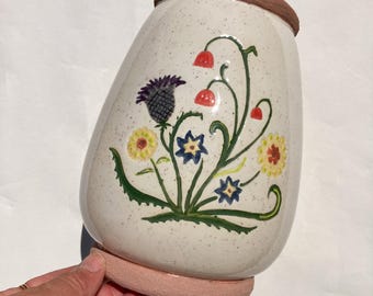 Vintage keramische pot uit de jaren 90 met bloemenmotief en deksel / koekjespot in cottagecore-stijl