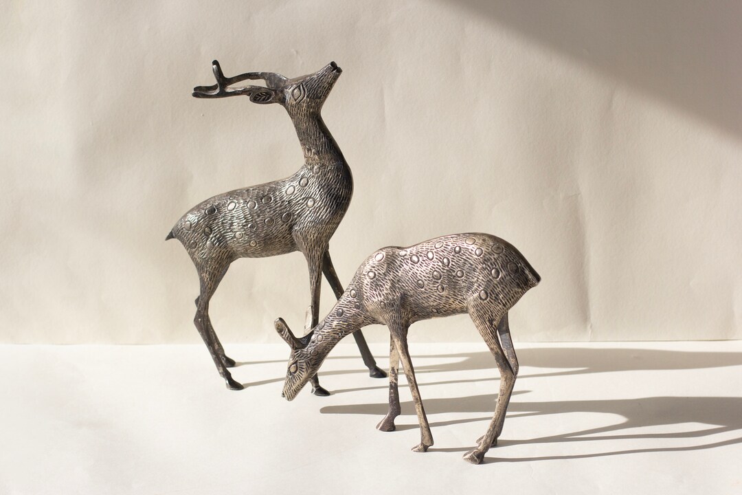 MCM Set of 2 Large Silver Metal Deer Holiday Figurine Statue Decor Etsy