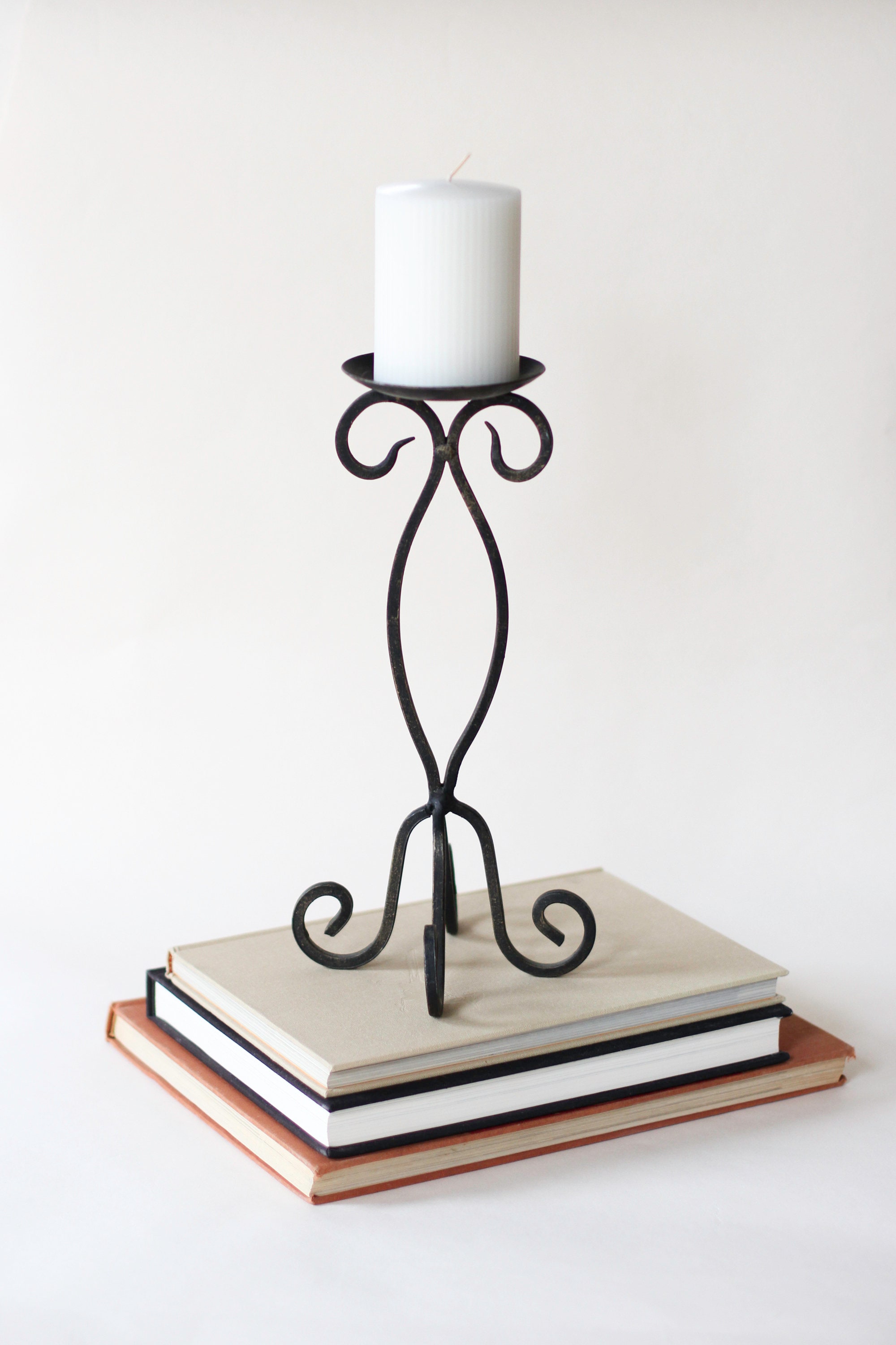 Vintage Black Iron Pillar Candle Holder With Scroll Design Etsy
