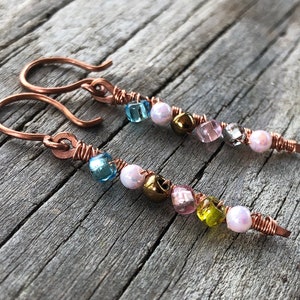 Hammered Copper Wrapped Long Bar Earrings Wire Wrap Bead Copper Boho Earrings Rustic Jewelry