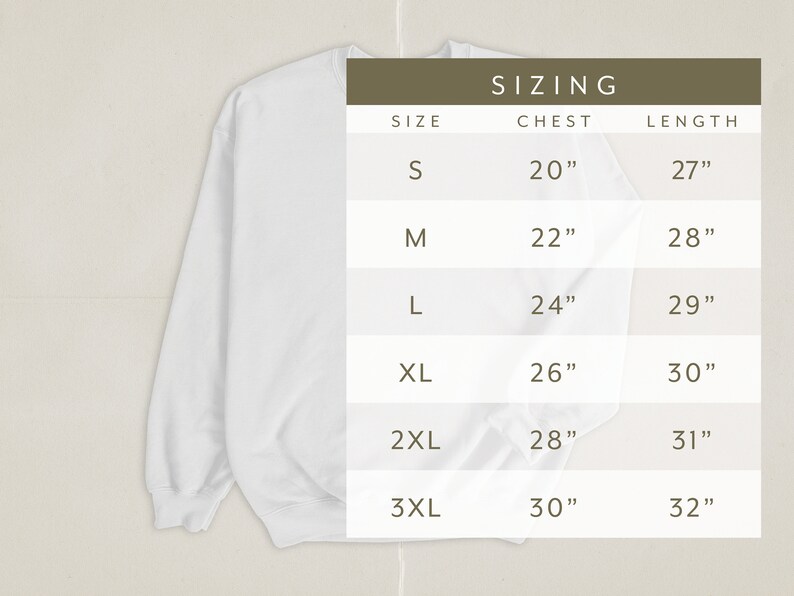 May include: Sizing chart for a sweatshirt with measurements in inches for chest and length. Sizes include S, M, L, XL, 2XL, and 3XL.