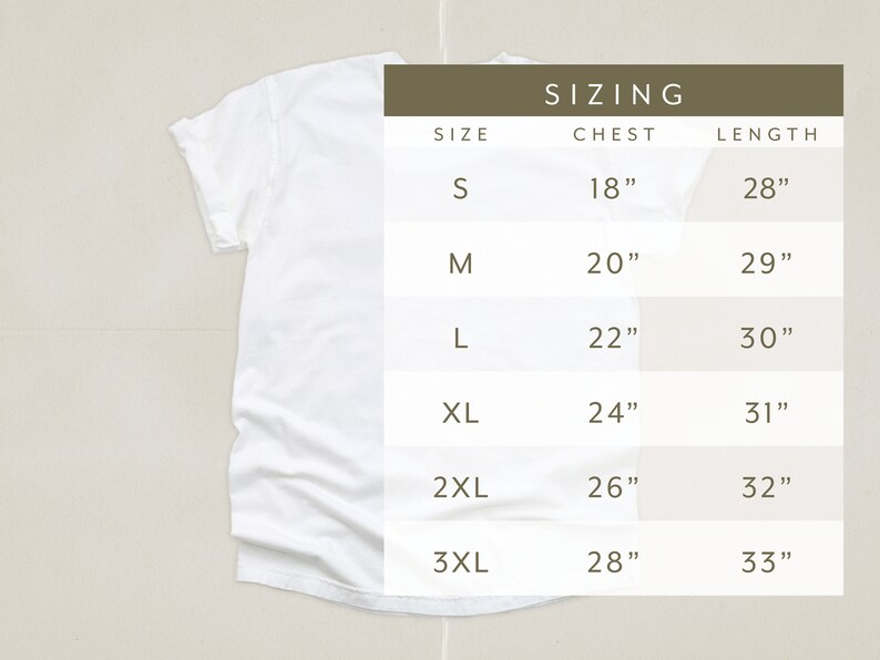 May include: Sizing chart for a t-shirt with measurements in inches for chest and length. Sizes include S, M, L, XL, 2XL, and 3XL.