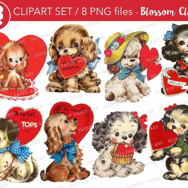 Valentine's Day Animals PNG Clipart, Vintage Puppies Clip Art Retro Images, Digital Download, Vintage Graphic for Cards, Crafts - 2951