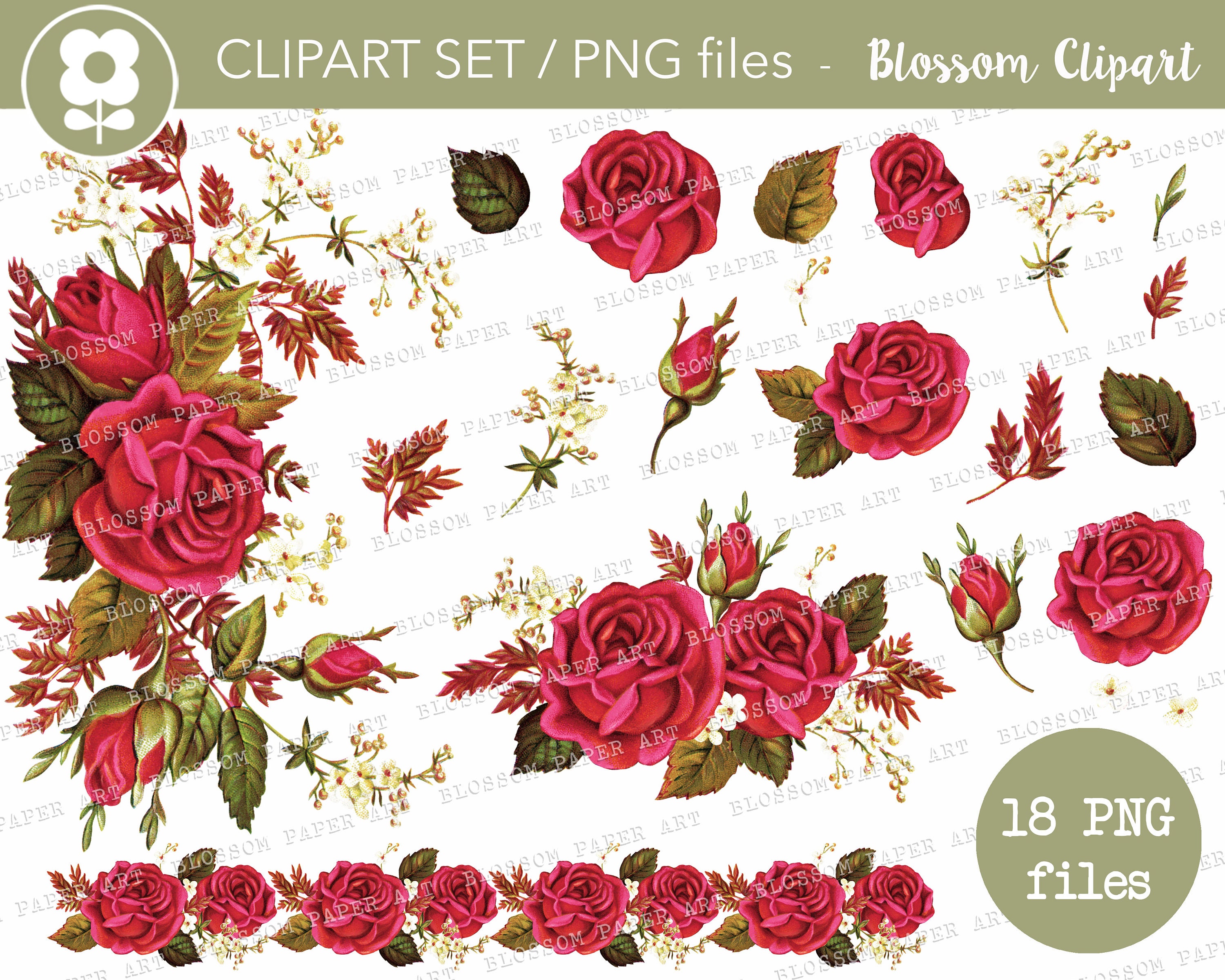 Vintage Red Rose Clipart Set Rose Digital Clipart - Etsy