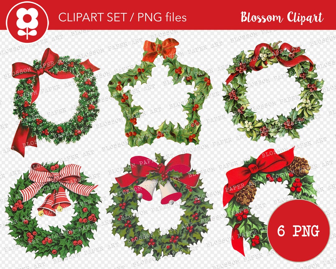 Christmas Holly Wreath Clip Art, Vintage Christmas PNG Wreath Clipart