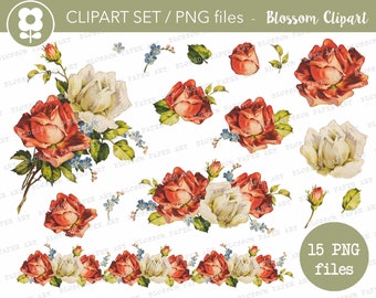 Roses Clipart Set, PNG Flowers, Transparent Background Rose, Digital Vintage Graphics Instant Download Vintage Images  - 2906