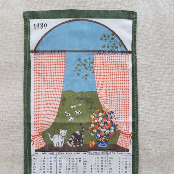 Vintage 1989 Calendar Kitchen Tea Towel, Vintage Print German Calendar, Vintage 80-s Kitchen Decor, Birthday Gift Idea, Wall Hanging