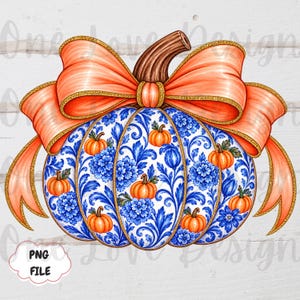 May include: A decorative pumpkin illustration featuring a blue and white floral pattern, topped with a large orange bow with gold glitter edges. The pumpkin surface is adorned with small orange pumpkin accents and a brown stem, presented as a PNG file.