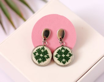 Green Miniature Studs, Mini Cross Stitch Earrings, Embroidery Earrings Stud, Ukrainian Earring, Hypoallergenic Stud Earrings For Girls