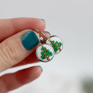 Christmas Earrings, Cross Stitch Christmas Tree, Embroidered Earrings, Miniature Embroidery Tree, Christmas Bestfriend Gift