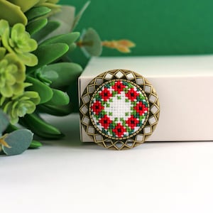 Embroidered Flower Wreath, Red Cross Stitch Brooch, Miniature Red Blooming Brooch, Ukrainian Jewelry, Gentle Gift For Woman