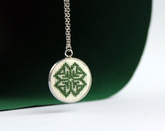 Embroidered Green Pendant For Woman, Cross Stitch Pendant, Miniature Green Pendant, Bohemian Necklace, Ukrainian Jewelry, Gift Young Girl