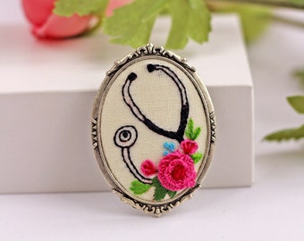 Stethoscope Brooch, Embroidered Brooch, Medical Accessory, Medical Graduation Gift, Nurse Flower Gift, Blooming Stethoscope, Gift For Doctor